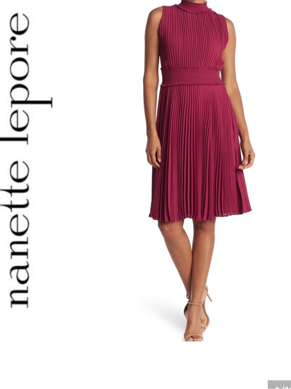 NL Pleated Midi Bali Smocked Waist Mock Neck Cocktail Wedding Magenta Dress Smll
